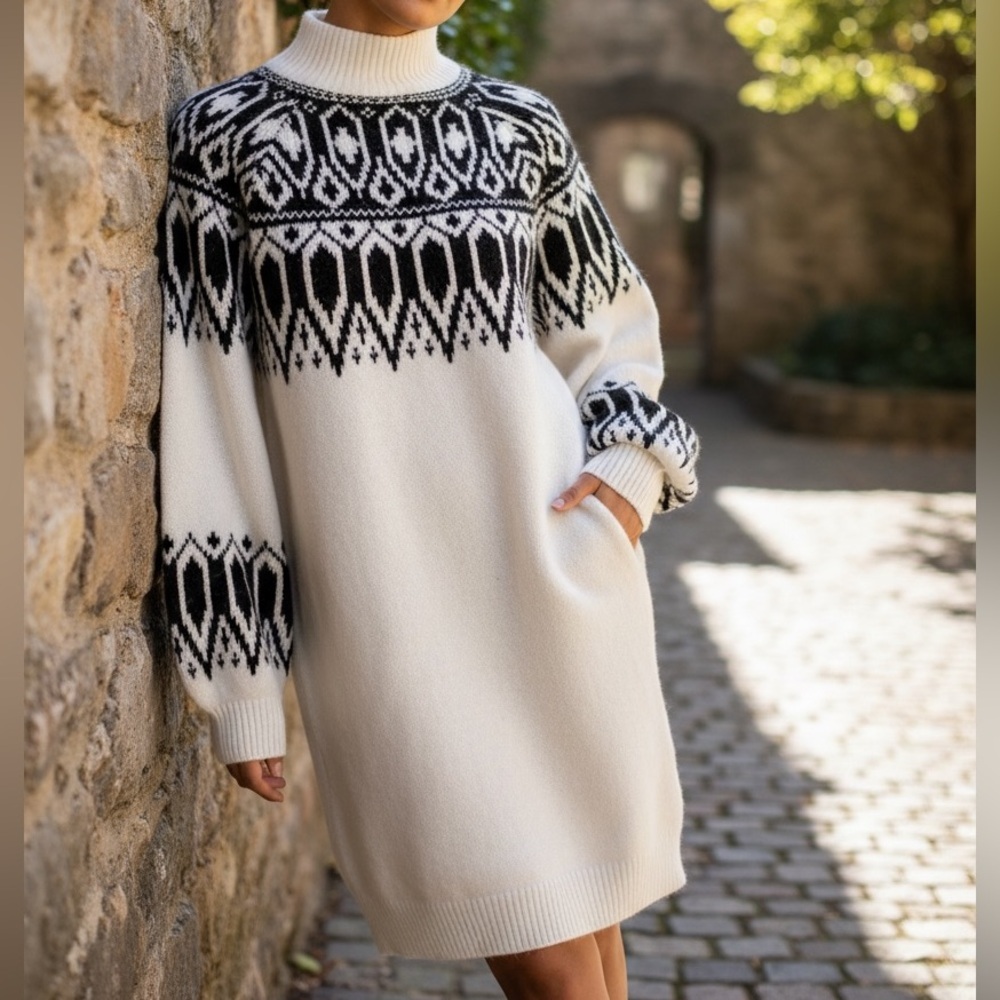 True Craft Black and White Patterned Long Sleeve Sweater Dress